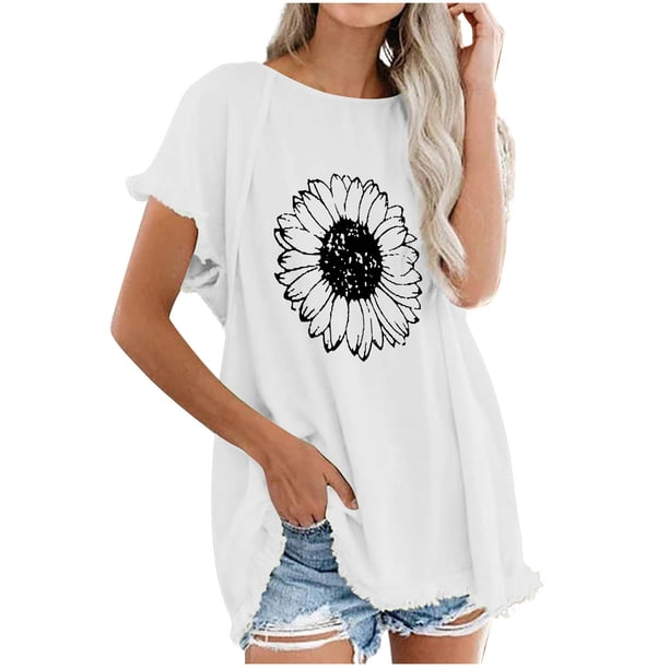 Blusa superior de lino y algodón con estampado de manga corta y cuello redondo con borlas para mujer Pompotops hkajfhjk469408