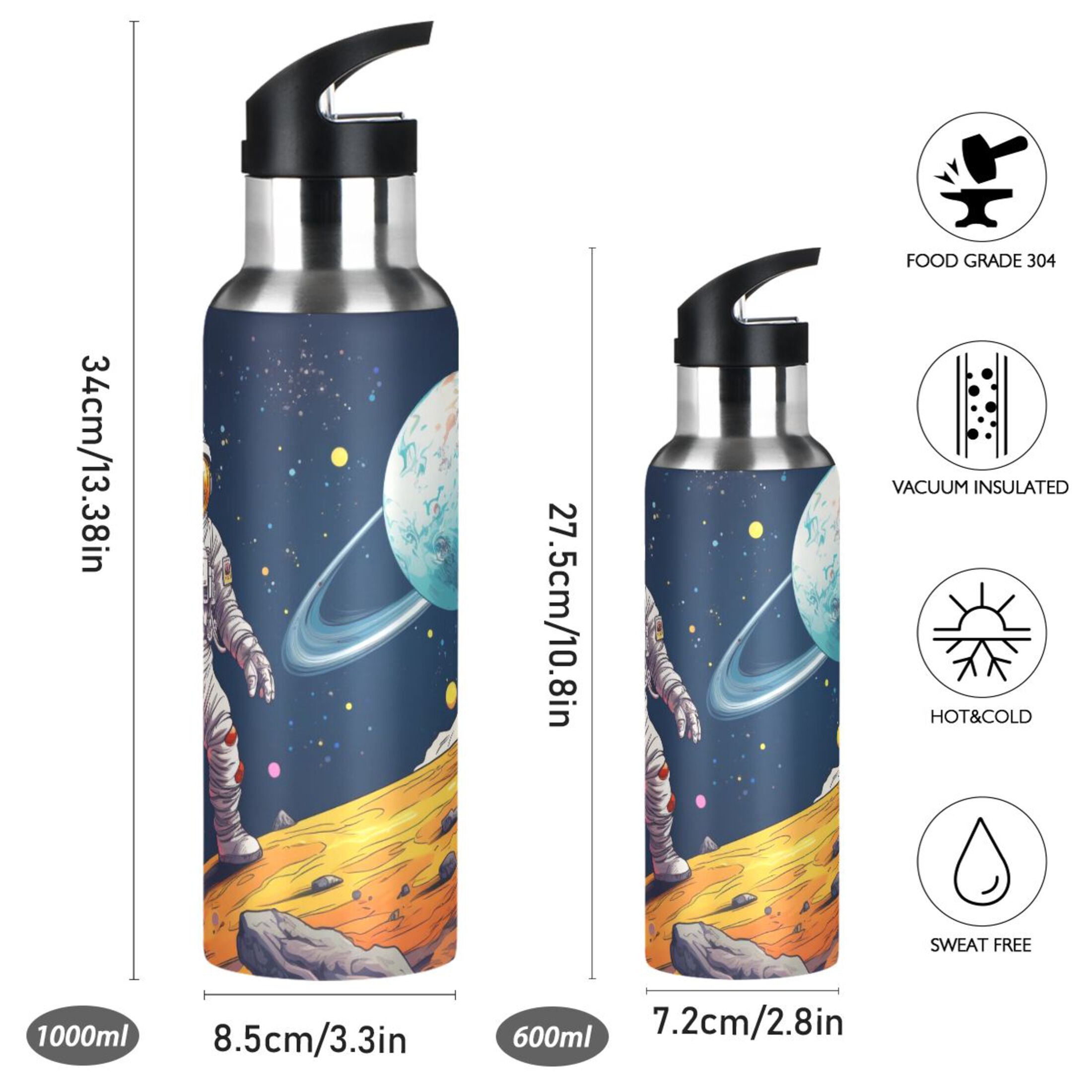 OREZI Stainless Steel Water Bottle Astronaut Walk on Planet 20oz/600ml Double Wall Vacuum Insulation Leakproof for Sports Travel