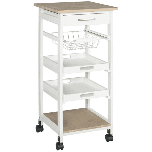 Beran7 Mobile Kitchen Cart, Rolling Kitchen Island with Storage, Solid Wood Frame Utility Cart with Wire Fruit Baskets, Trays and Drawer, White