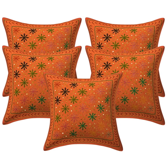 Stylo Culture Indian Chair Seat Throw Pillow Covers 16 x 16 Sequins Gold Zari Embroidered Orange Ethnic 40x40 cm Home Decor Cotton Floral Square Cushion Covers | Set Of 5