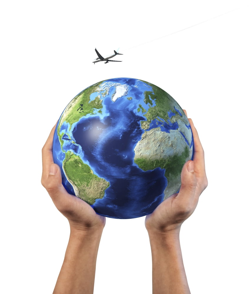 Mans hands holding the planet Earth with a jet aircraft flying above Canvas Art - Leonello CalvettiStocktrek Images (27 x 31)