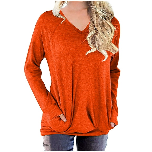 QUYUON Crew Neck Sweatshirts Women Winter Crewneck Sweatshirts Polyester Long Sleeve V-Neck Solid Blouse Tops Style S-679 Breathable Ladies Oversized Sweatshirt Straight Fit Shirts Orange M