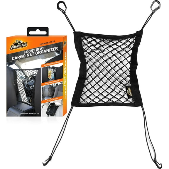 Armor All Front Seat Cargo Net Organizer, Super-Durable Expandable Nylon Material, Attaches to Headrest Post, Stretchable Net Car Organizer with Mesh Pocket, Universal Fit, Accessible Storage