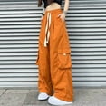 thumbnail image 6 of RYRJJ Women's Casual Parachute Pants Baggy Hiking Cargo Pants Drawstring Elastic Waist Y2K Jogger Trousers with Pockets(Orange,L), 6 of 9