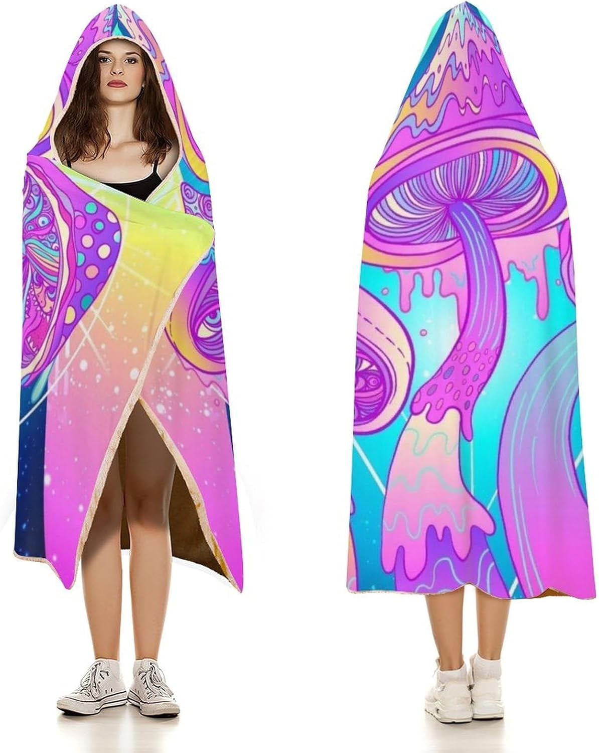 Mushroom Wearable Hooded Blanket for Adult, Mushroom Gifts for Women Men Hippie Poncho Wearable Blanket Hoodies