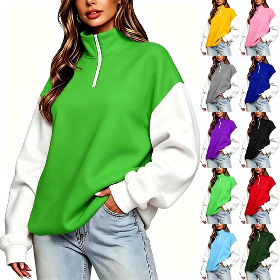 Tqcoqu Women's Color Block Quarter Zip Sweatshirt,Stand Collar Long Sleeve Loose Casual Pullover Tops,2026 Fall Winter Trendy Clothes,Army Green Women's S-XXL