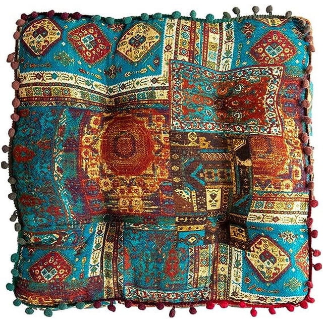 Nvzi Bohemian Patchwork Square Chair Seat Cushions for Dining Kitchen Office Chairs Patio Soft Cotton Linen Chair Pads (Blue,16x16)