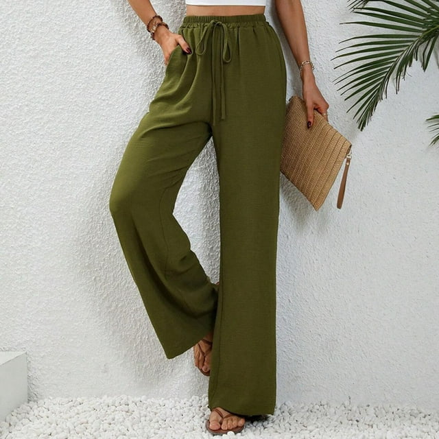 Mefallenssiah Women'S Spring Solid Color Elastic Waist Straight Tube Casual Wide Leg Pants
