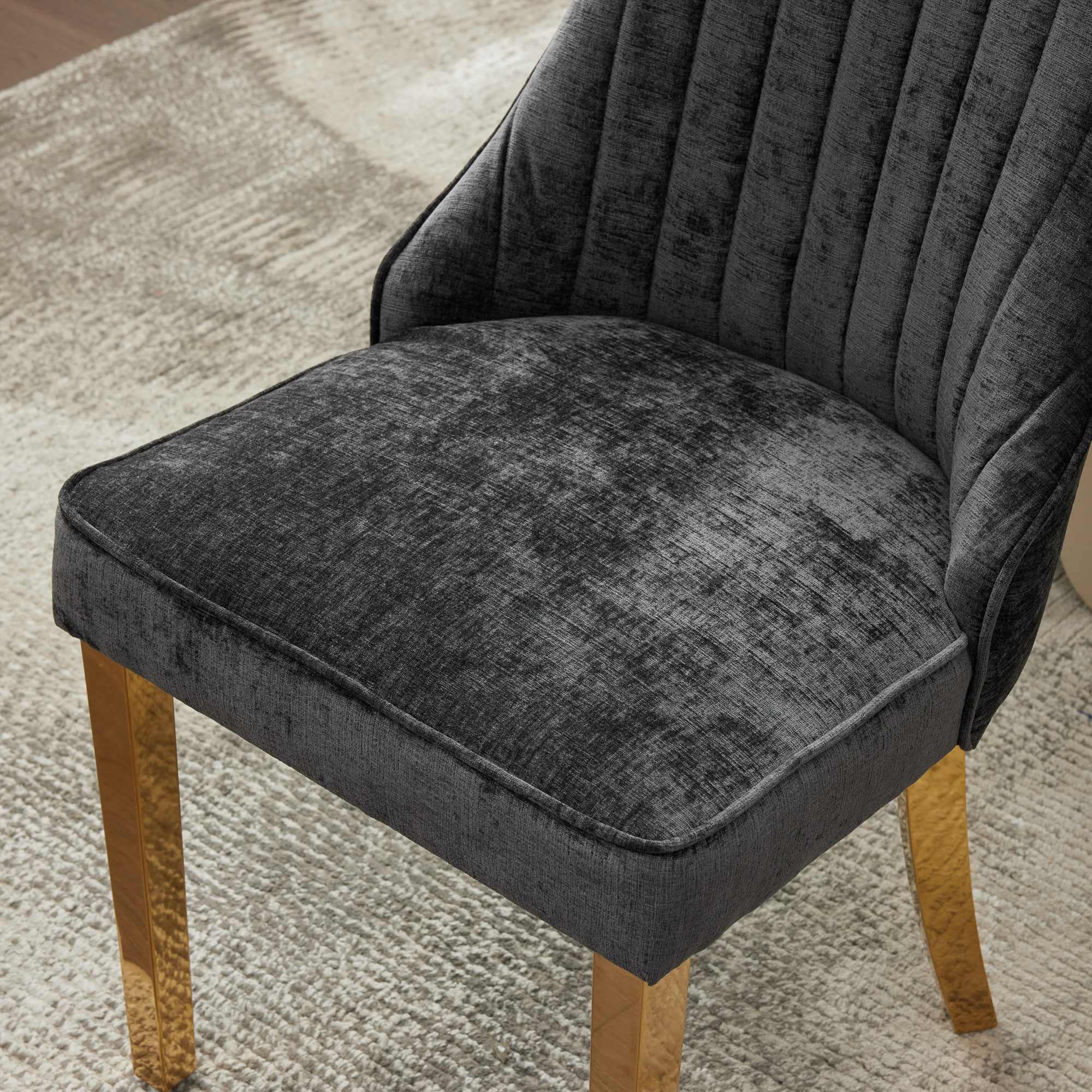 Aukfa Modern Chenille Dining Chairs Set of 2, Upholstered Kitchen Side Chair Accent Chair w/ Golden Steel Legs,Black