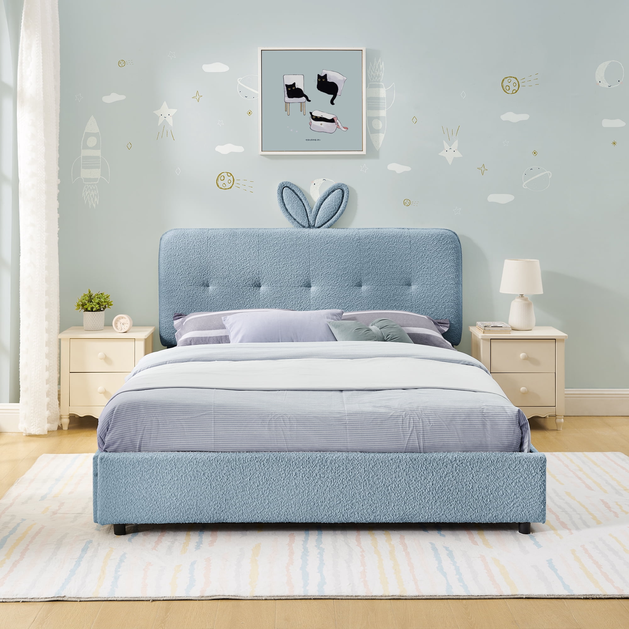 Mintazer Full Upholstered Kids Bed with Oversized Rabbit Ear Headboard, Boucle Fabric Platform Bed with LED Headboard & 4 Storage Drawers, Blue