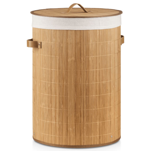 Bouclair Natural Round Bamboo Hamper with Lining and Faux Leather Handles