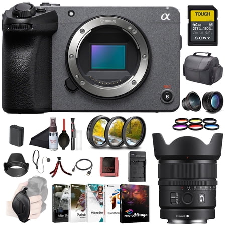 Sony FX30 Cinema Line Camera Body (ILME-FX30B) – 26MP APS-C Sensor | 4K Super 35 Recording | Sony E 15mm G Lens  64GB SF-G Tough Card Filter Kit Wide Angle Lens Color Filter Kit Bag and More