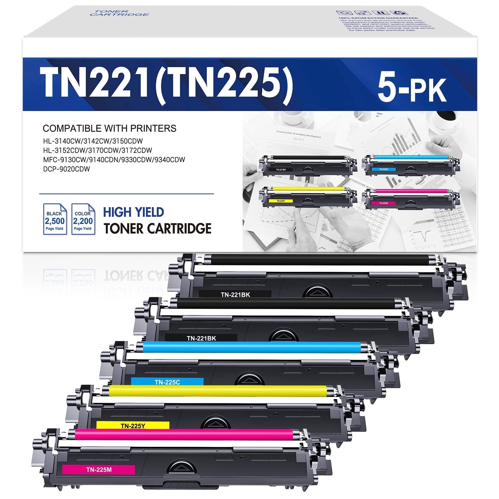 5 Pack TN221 TN225 Toner Cartridges Compatible for Brother TN-225 TN221BK TN 221 Toner for MFC9130CW HL3170CDW MFC9340CDW MFC9330CDW HL3140CW Printer
