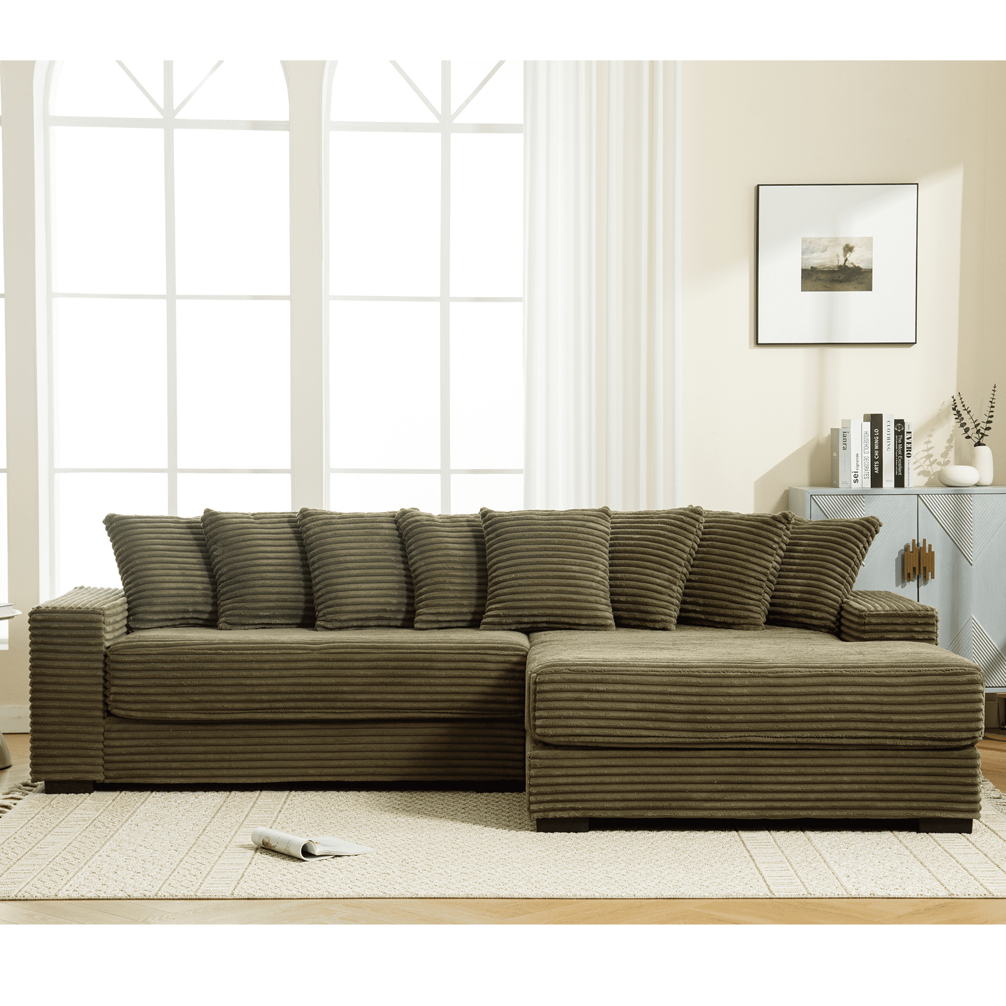 AISWORD 111" Oversized 3-Seat L-Shaped Sectional Sofa with Left Chaise, Luxury Corduroy Fabric Modular Couch with 8 Throw Pillows, Easy Assembly for Living Room