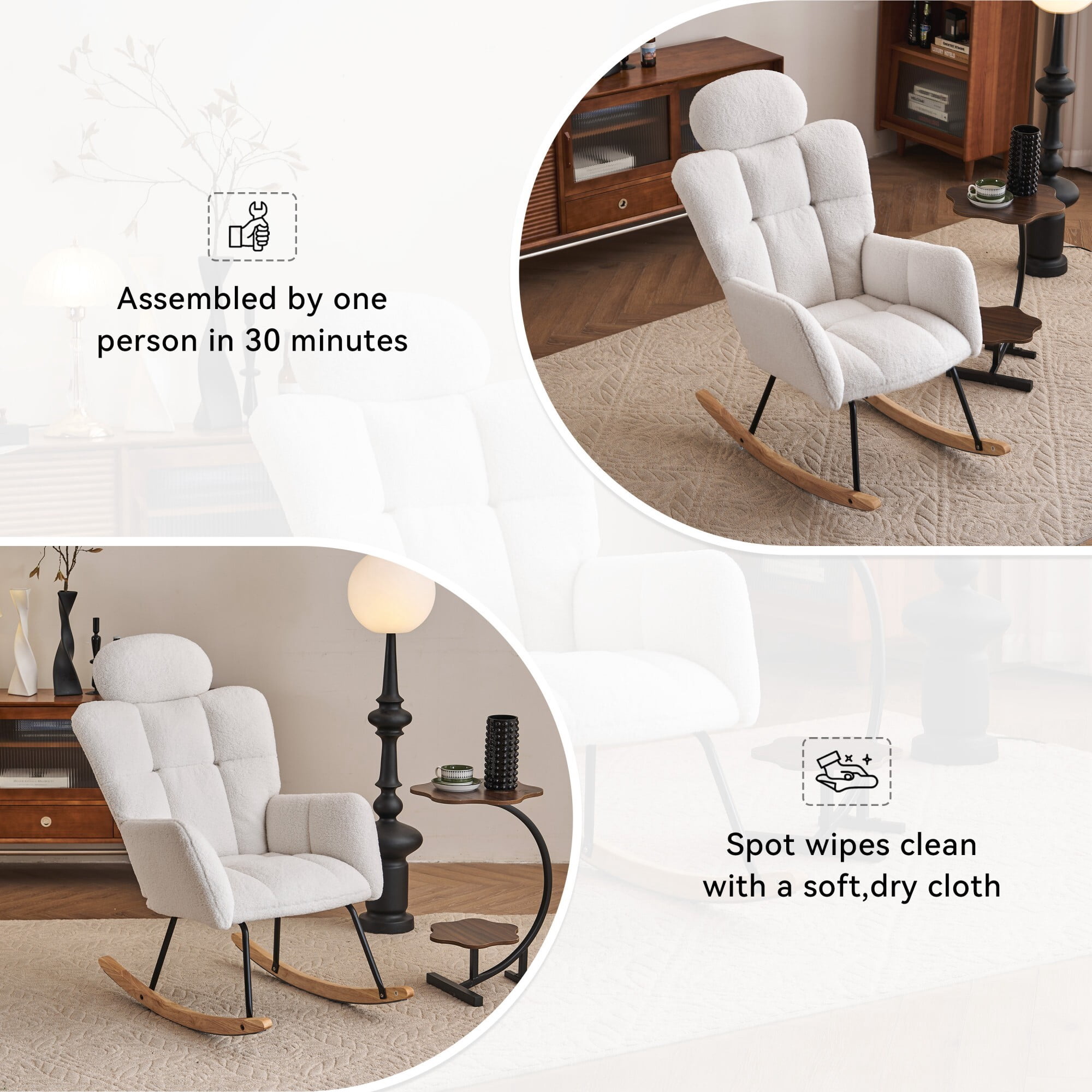 AENKYO Teddy Upholstered Rocking Chair with High Backrest, Accent Lounge Chair for Living Room & Nursery, White