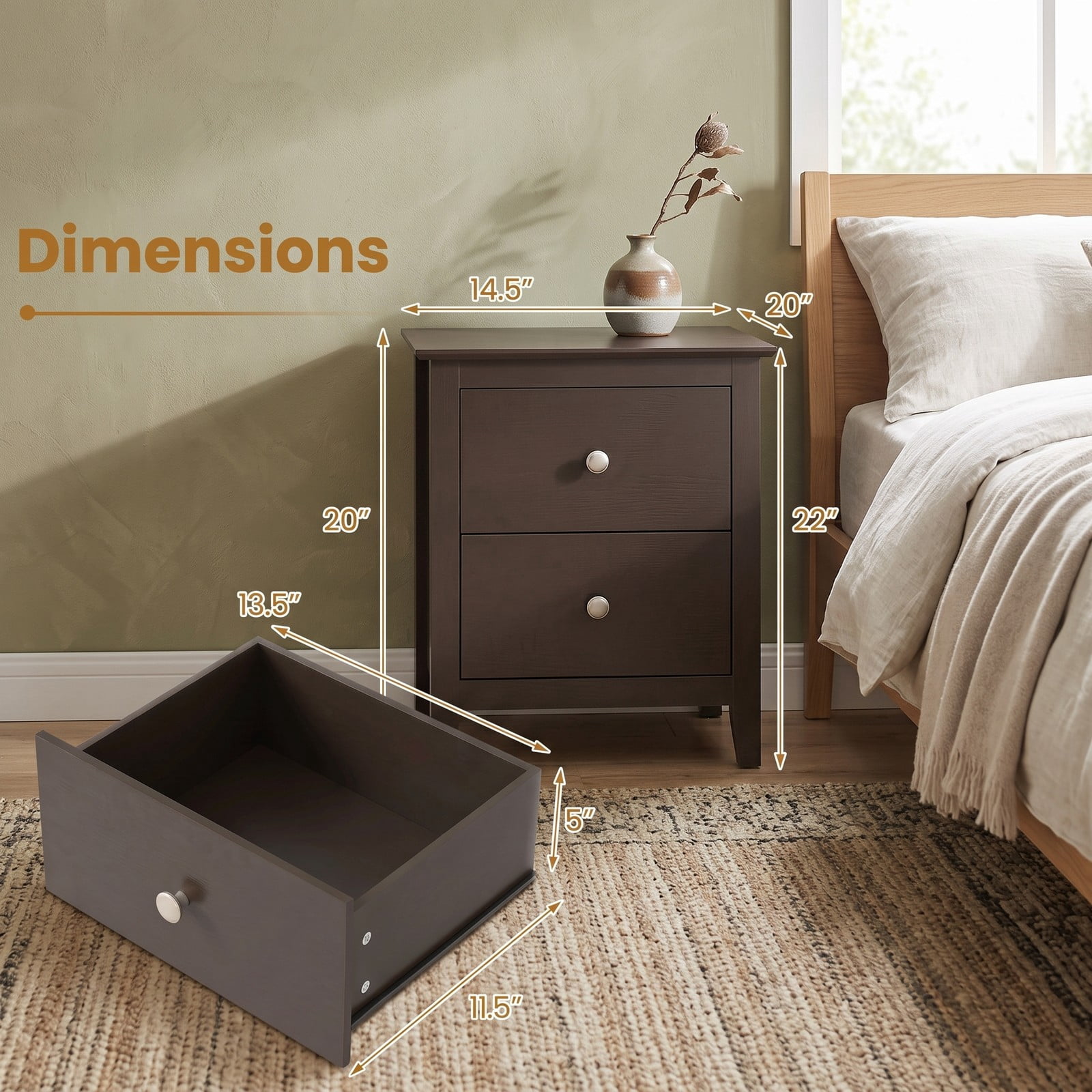 Furnibear Modern 2-Drawer Nightstand for Small Spaces with Sleek Metal Handles and Smooth Slides for Bedroom and Living Room, Espresso