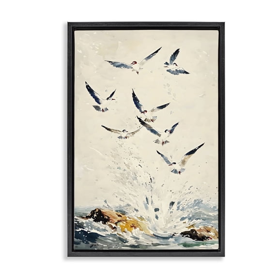 Stupell Industries Tropical Waves of Seagulls over Rocks Black Floating Frame Canvas Art, 17 x 25, by Creative Studio