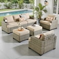 thumbnail image 2 of Ovios 7 Pieces Outdoor Patio Furniture Set All-Weather Rattan Wicker Sectional Sofa and Chairs with Ottomans, Beige, 2 of 8