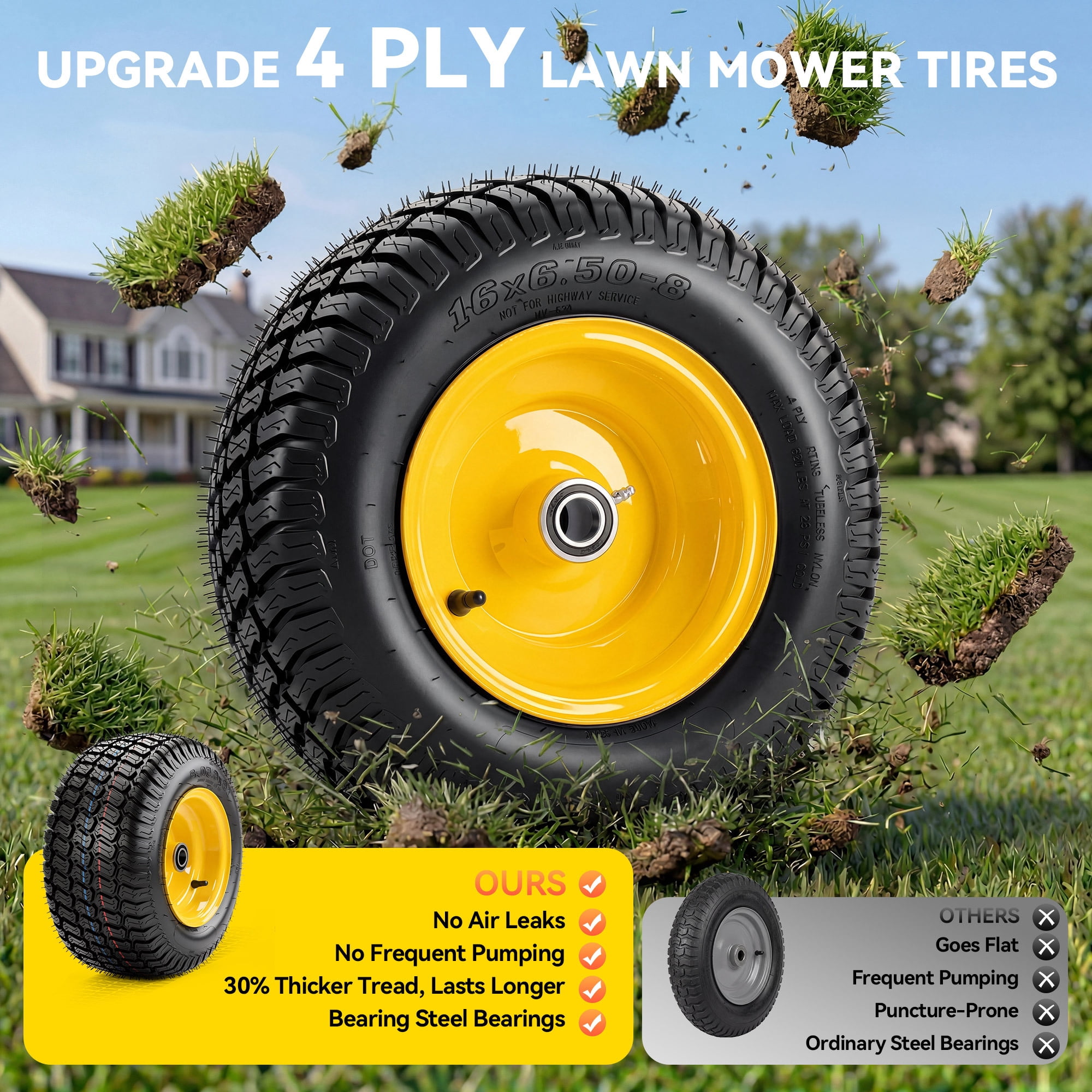 Uforic 16x6.50-8 Flat-Free Lawn Mower Tire and Wheel Assembly, 4-Ply Front Replacement Tire, 3 in Offset Hub, 3/4 in Bushing, 620 lb Capacity, 2-Pack