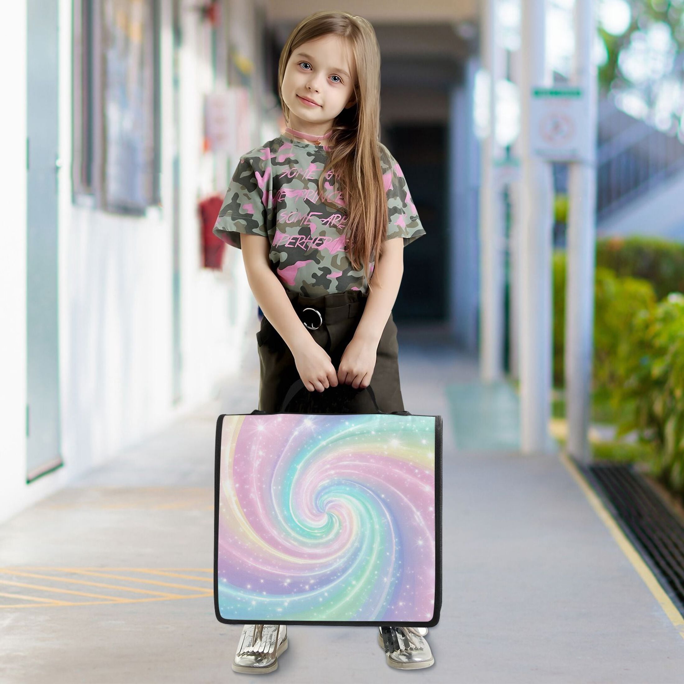 Water-Resistant 3-Ring Binder Organizer with Multiple Pockets Zipper Binder Bag for Office Cute Pastel Rainbow Swirl
