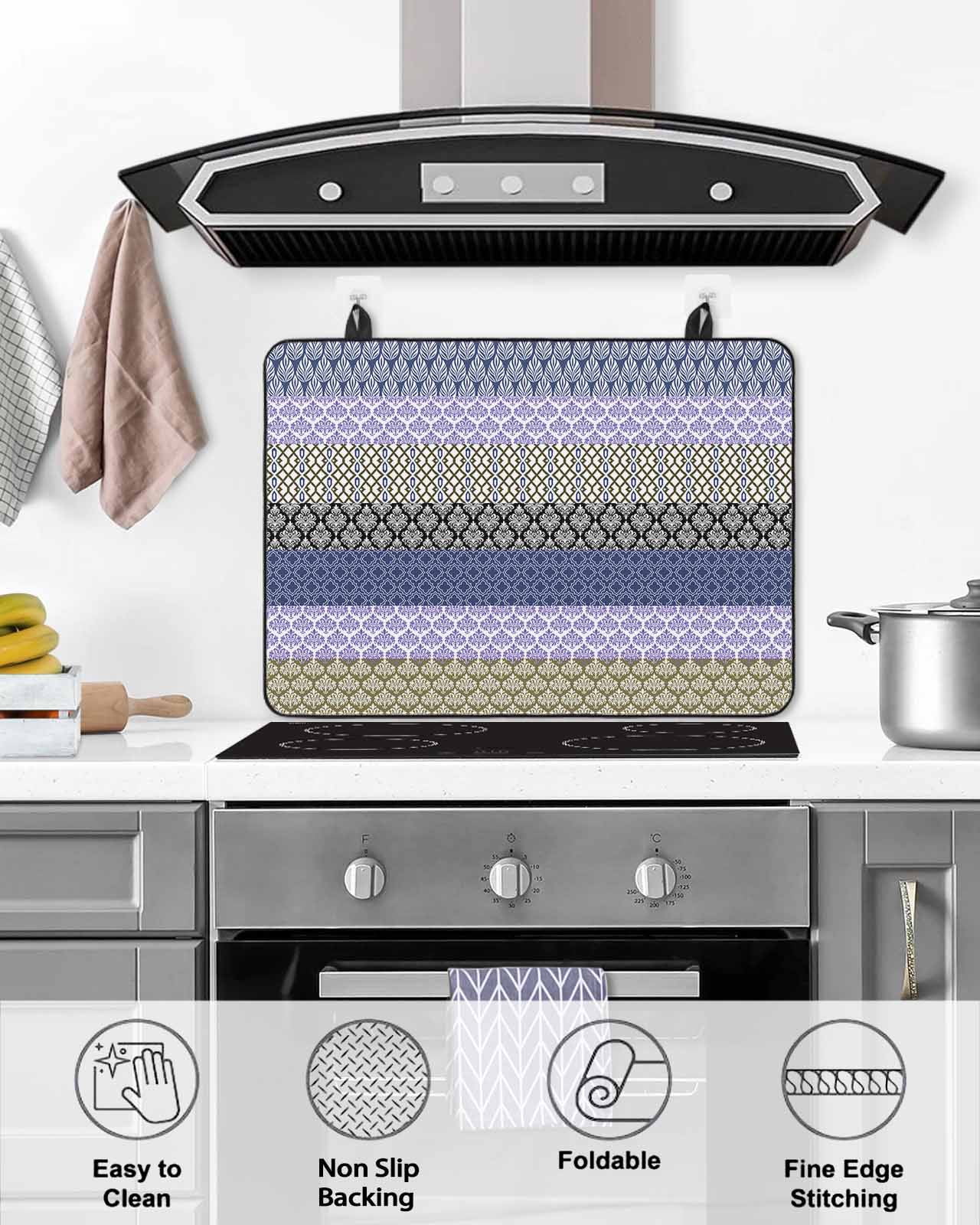 nqOlkjepod Large Induction Cooktop Protector Mat 24"x21", Boho Purple Stove Top Covers for Electric Stove, Navy Geometric Stripes Tribal Black Bohemia Stove Burner Cover Mats, Glass Top Stove Cover
