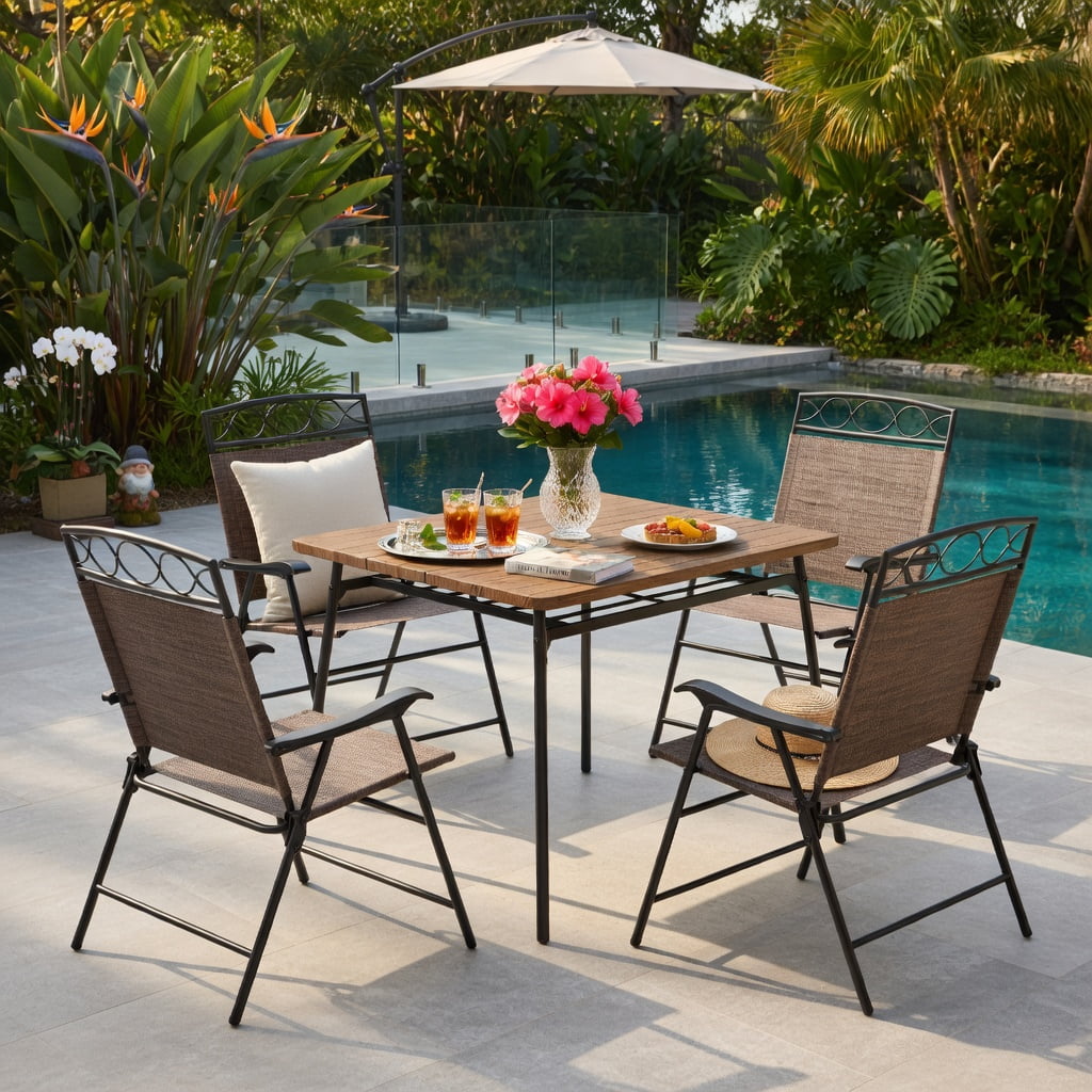 Hommoo 4-Pack Patio Folding Chairs with Armrests, Lightweight Outdoor Dining Chairs, Easy-Store Metal Frame & Breathable Fabric, Brown
