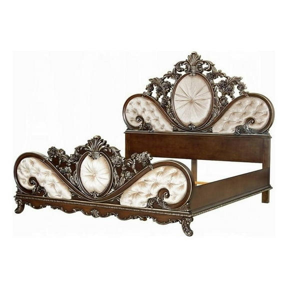 Vany King Bed- Scrolled Carved Headboard- Ivory Upholstery- Cherry