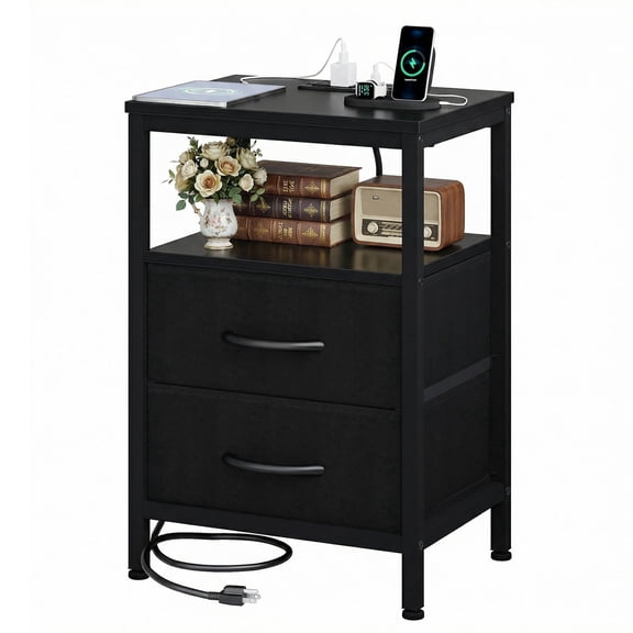 EDX bedside table, featuring a built-in socket with USB/Type-C interface and adjustable drawers (two drawers). Suitable for bedroom space-saving design. Black