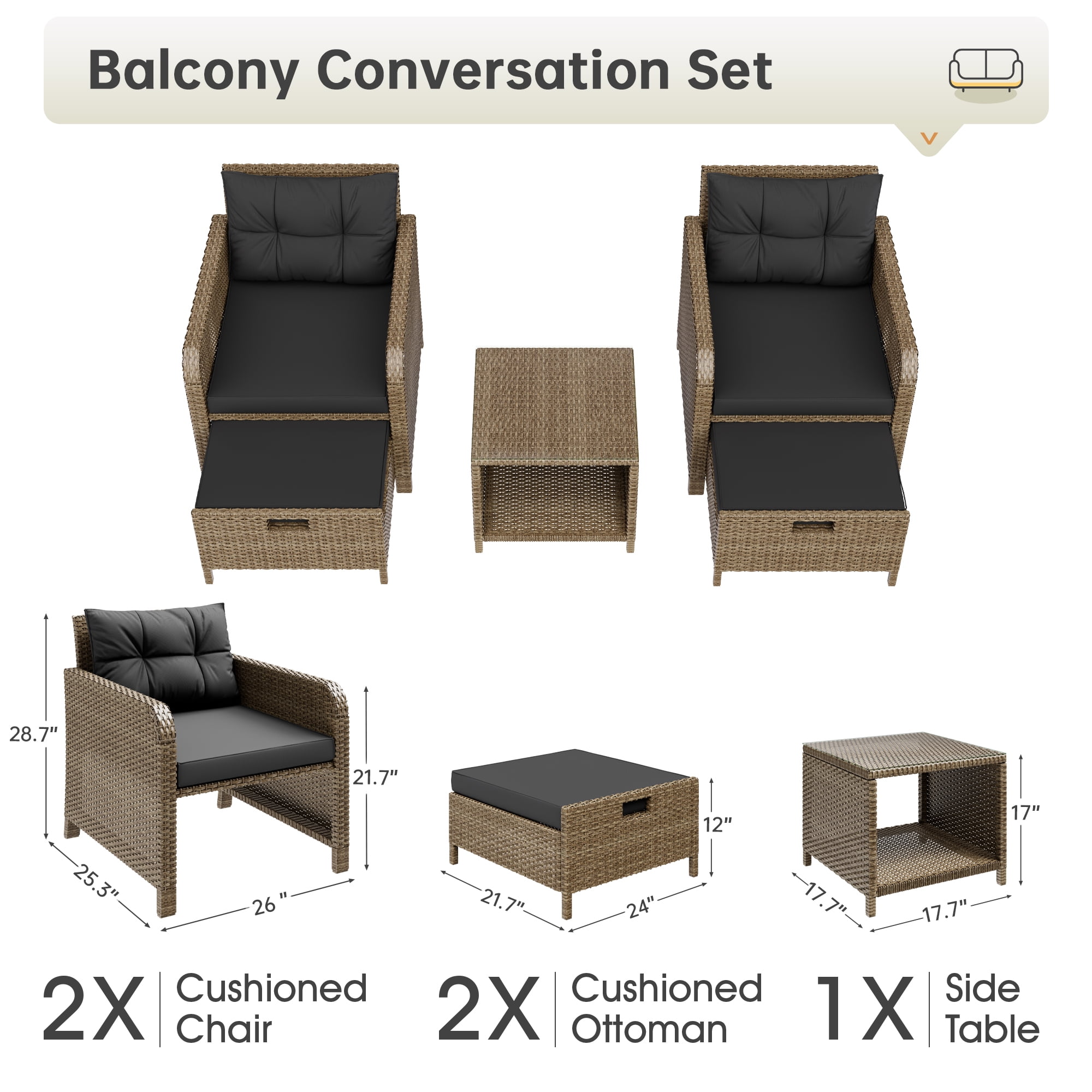 LHBcraft Balcony Furniture 5 Piece Patio Conversation Set, PE Wicker Rattan Outdoor Lounge Chairs with Soft Cushions 2 Ottoman&Glass Table for Porch, Lawn-Yellow Wicker