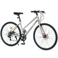 thumbnail image 3 of 700C Hybrid Bikes 7 Speeds Steel Frame Road Bike Adult City Bicycle with Dual Disc Brakes for Men Women, Champagne, 3 of 7