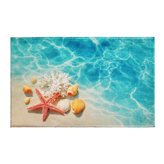 Coastal Starfish Bath Rug, 31.4 Inch Ocean Blue Coral Seashell Bathroom Mat, Nautical Beach Themed Non Slip Absorbent Rug for Bathroom Shower Room and Bedside
