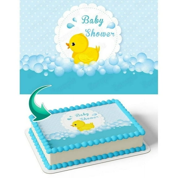 SugarMeLicious Baby Blue Newborn Baby Shower Little Yellow Duck Cake Image Topper, Personalized 1/4 Sheet Cake Banner for Parties, Edible Cake Decoration