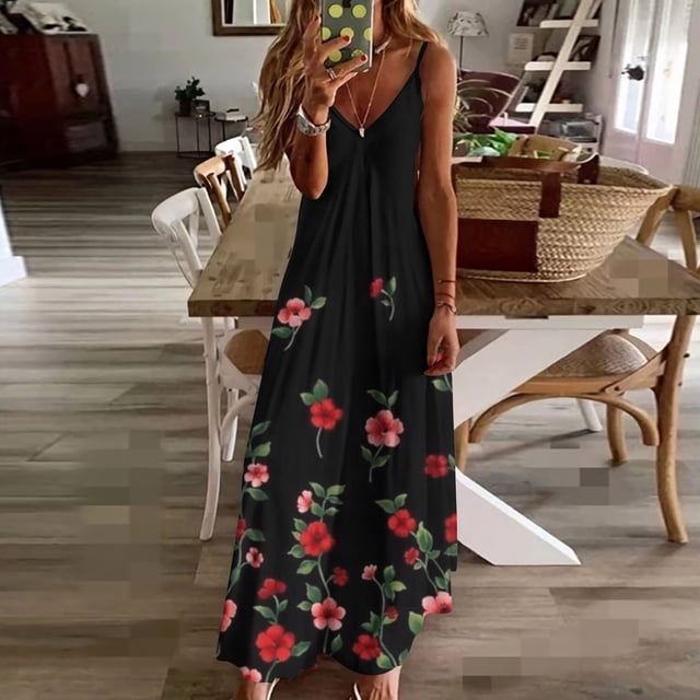 SMihono Robe Maxi Bohème d'Été pour Femmes Grande Taille Mode Femme Bretelles Taille Mi-Haute Col en V Sans Manches Rayée Imprimée Robe Longue de Plage
