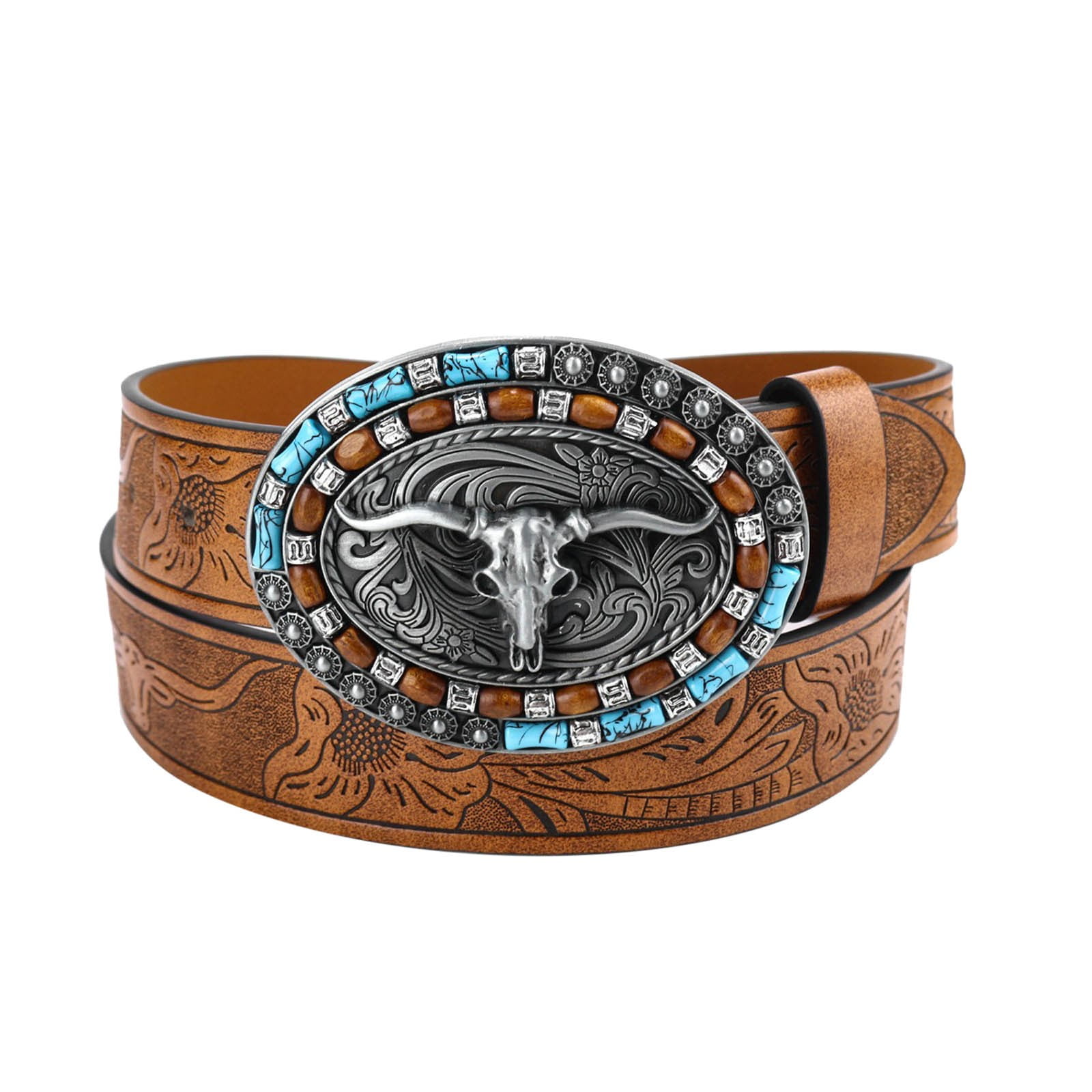 Ceinture Homme Cuir Marron Tête De Cheval Western - Taille 38 Pouces, Boucle Ajustable, Neuf