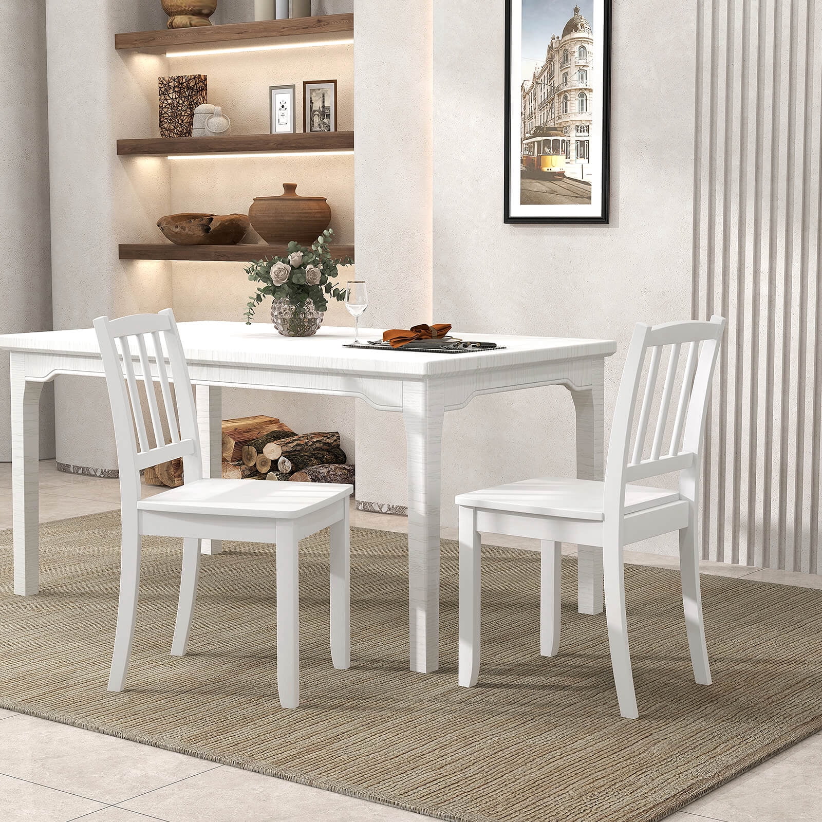 Costway Wood Dining Chair Set of 2 with Rubber Wood Legs Curved Backrest for Kitchen White