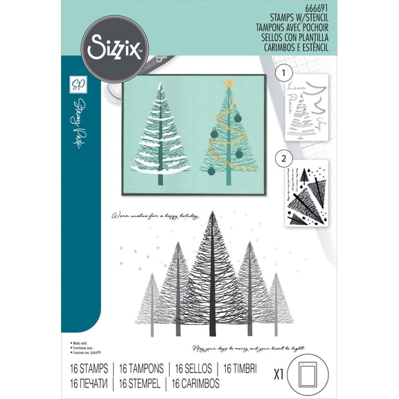 Sizzix Clear Stamps with Stencils, Cosmopolitan Christmas, Merry & Light, 16PK