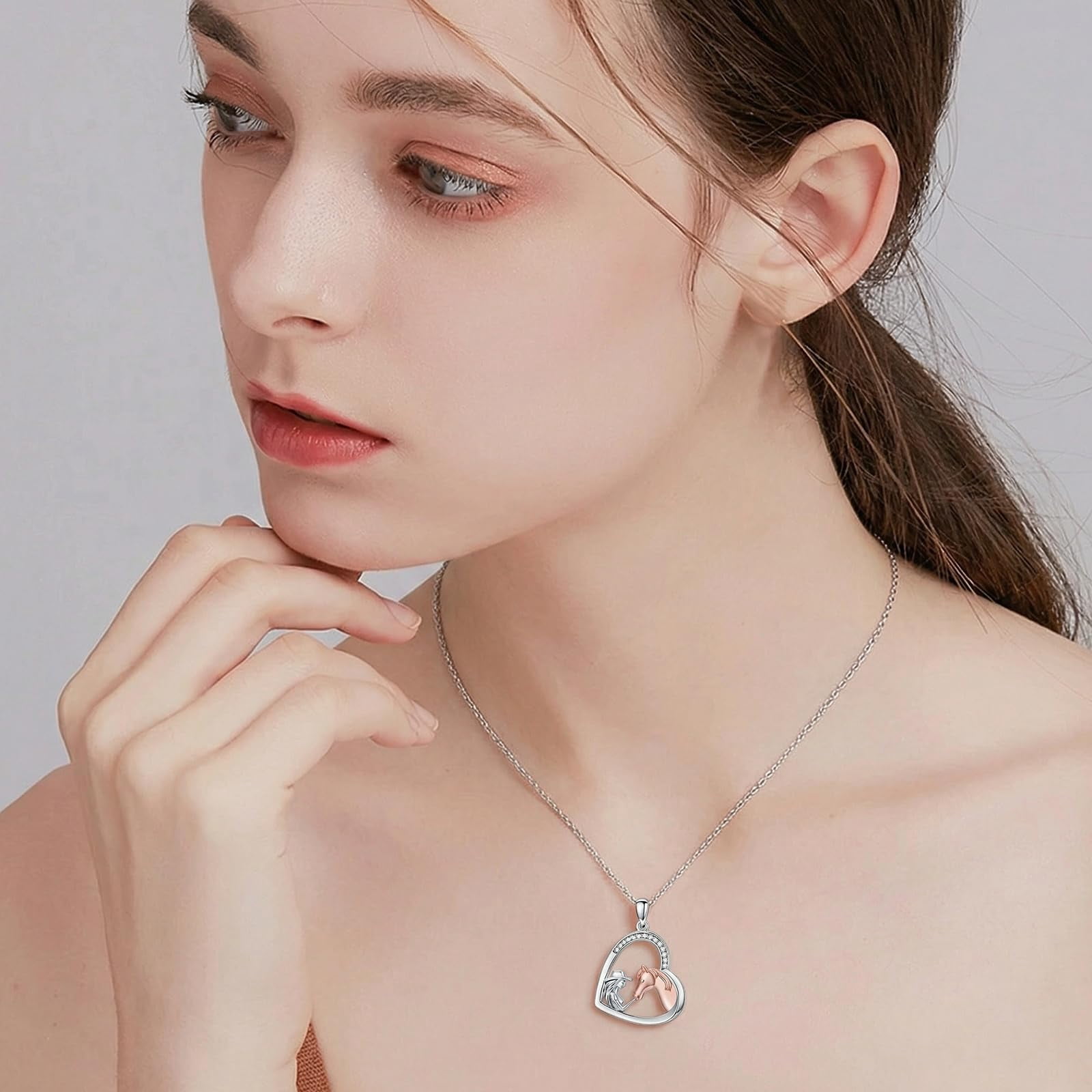 Horse Necklace 925 Sterling Silver Heart Pendant Necklace Western Jewelry Mothers Day Birthday Gifts for Women Mom Daughter Equestrian Lovers Horses Lovers