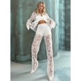 thumbnail image 4 of 2 Piece Lace Outfits for Women Floral Sheer Tie Frone Long Sleeve Crop Top and Pants Outfit White S, 4 of 8