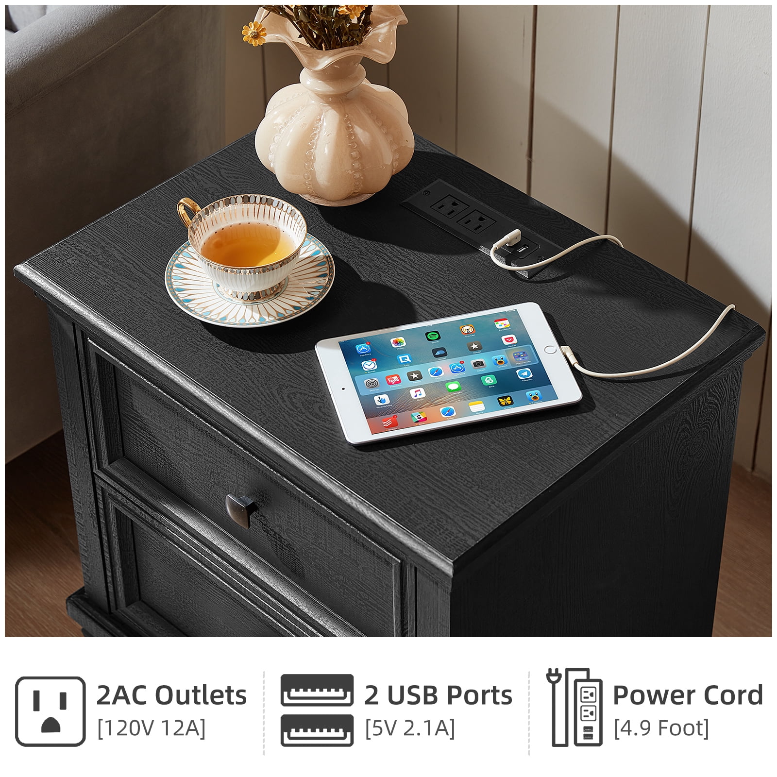 Buildhom Farmhouse Nightstand with Charging Station, 2-Drawer Rustic End Table with Solid Wood Legs for Bedroom, Black