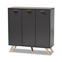 Baxton Studio Kelson Modern and Contemporary Dark Grey and Gold Finished Wood 3-Door Shoe Cabinet