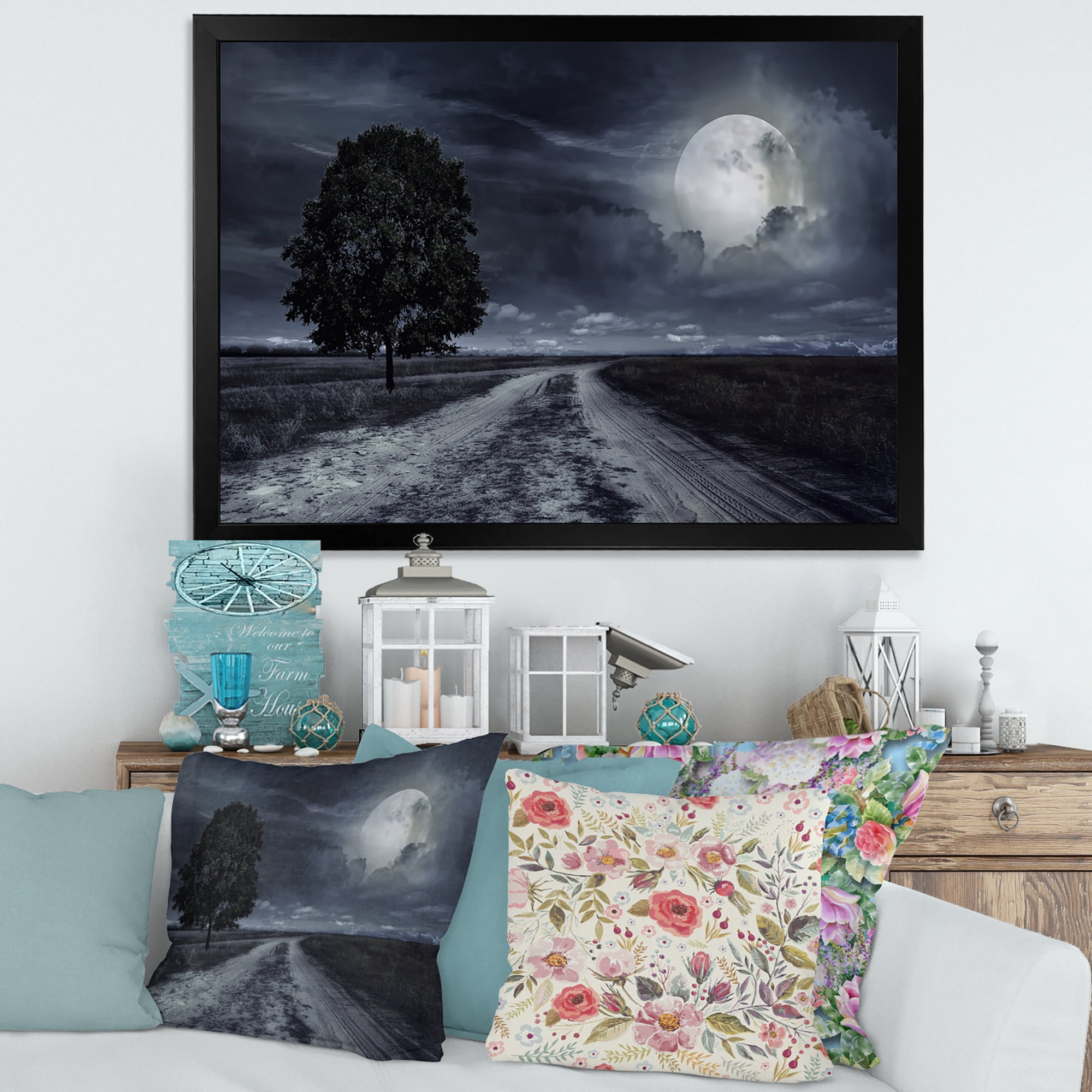 Designart 'A Full Moon Over Paved Road' Nautical & Coastal Framed Art Print