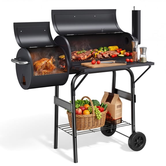 Vebreda 44" Charcoal Grill with Offset Smoker, BBQ Barrel Grill with Side Firebox for Outdoor Backyard Patio Cooking, Black
