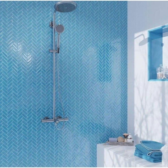 Apollo Tile   5 Pack 11-in x 12.6-in Sea Blue Herringbone Glossy Finished Glass Mosaic Wall and Floor Tile (4.92 sq ft/case)