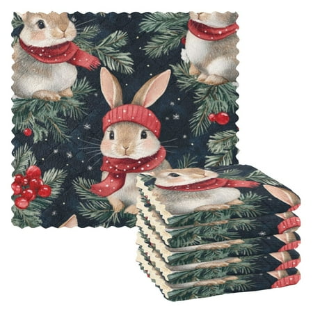 

6 Pieces of Kitchen Towels 11x11Inch Kitchen Dish Cloths Kitchen Dish Towels Reuseable Cleaning Cloths Christmas Scarf Bunny
