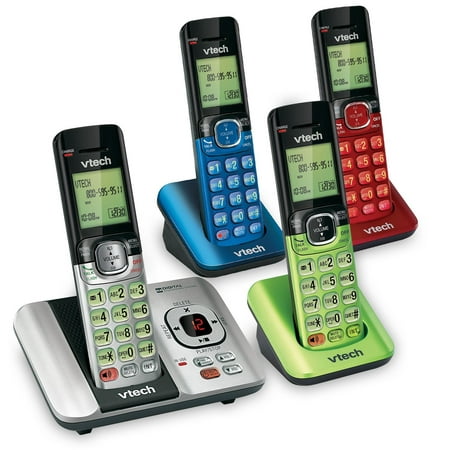 VTech CS6529-4B 4-Handset DECT 6.0 Cordless Phone with Answering System and Caller ID, Expandable up to 5 Handsets, Wall-Mountable, Blue/Green/Red/Silver 4 Handsets- Colors