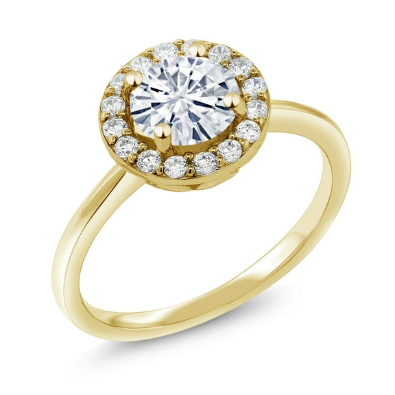 Gem Stone King 18K Yellow Gold Plated Silver White Moissanite Halo Engagement Ring for Women (1.33 Cttw, Gemstone Birthstone, Round 7MM, Size 6)