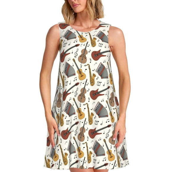 Vsdgher Guitar Print Summer Dresses for Women Casual U Neck Beach Dress Sleeveless Tank Loose Sundress with Pocket