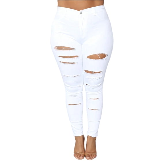 LWavelet Womens Ripped Skinny Jeans High Waisted Daily Casual Denim Pants White 4XL