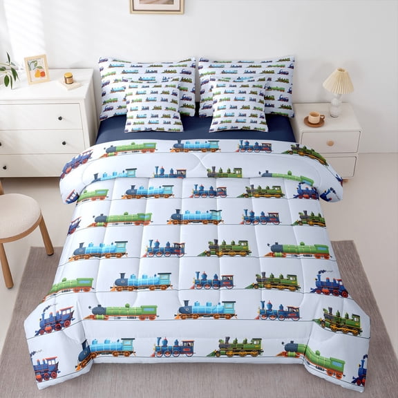 Manfei Kawaii Railway Train Twin Bedding Sets 7-Piece for Boys Girls,Cartoon Car Bedding Comforter Set Microfiber,Transportation Theme Breathable Sheet Sets,Microfiber Bedroom Decor,Reversible