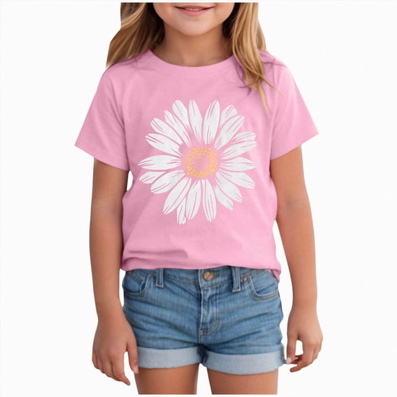 BOBOGOJP Sunflower Shirts Toddler Baby Girl Cute Summer T-Shirt Floral Graphic Short Sleeve Tees Tops Casual Clothes Pink for Size 5-6 Years
